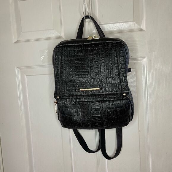 Steve Madden Black synthetic embossed small backpack gold tone hardwares. main image 8